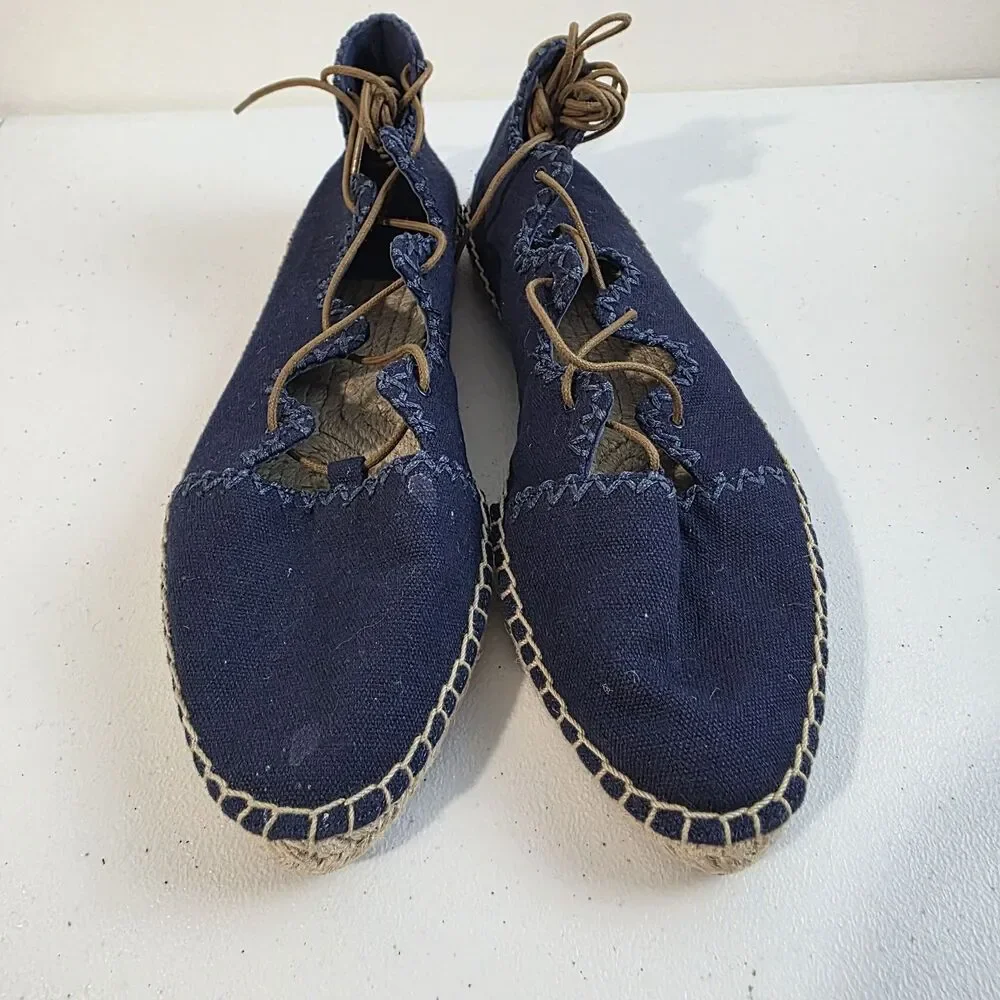 Tory Burch Sonoma Gillie Espadrille Navy Blue Canvas Lace Up Flats Size US 7